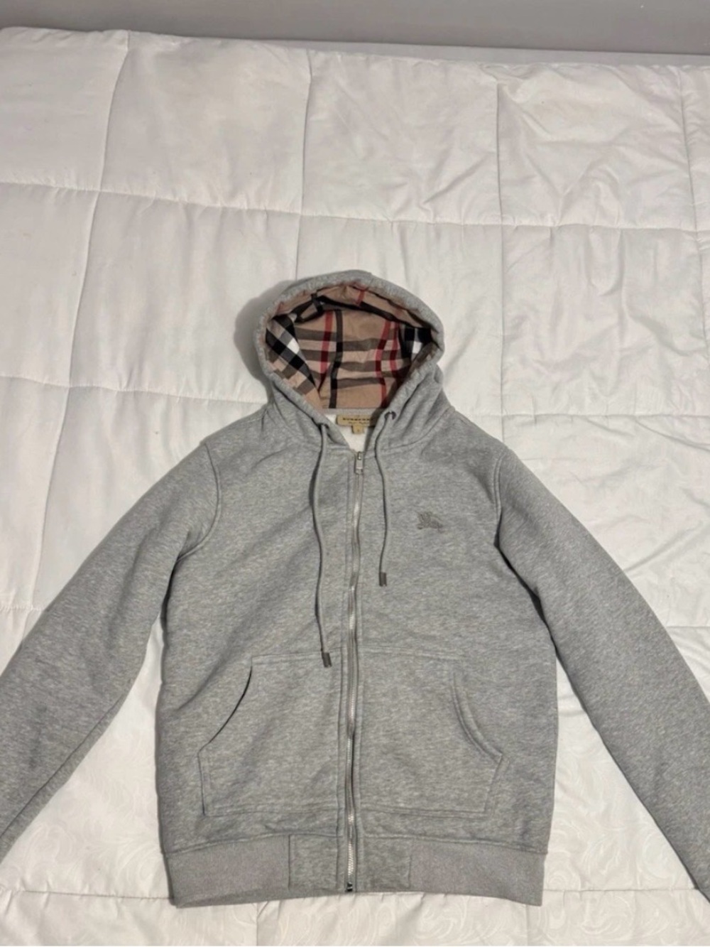 Burberry Gray Zip Hoodie with Classic Check Lined Hood